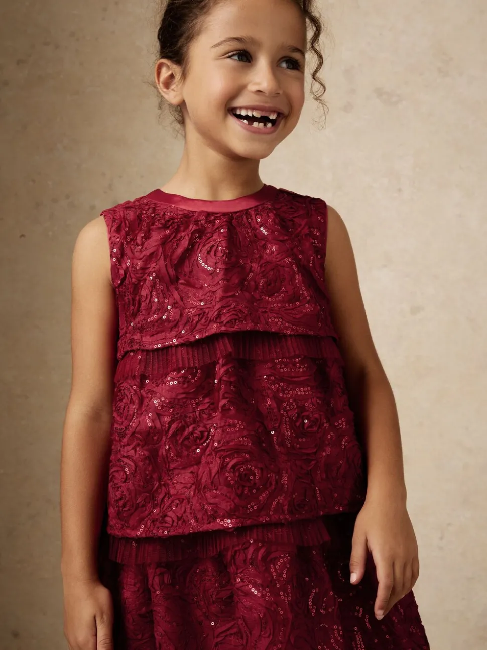 Reiss Red Dulcie 9-13 yrs Sequin-Embellished Tiered Dress