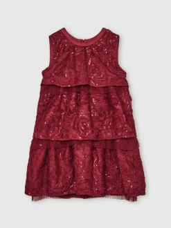 Reiss Red Dulcie 9-13 yrs Sequin-Embellished Tiered Dress