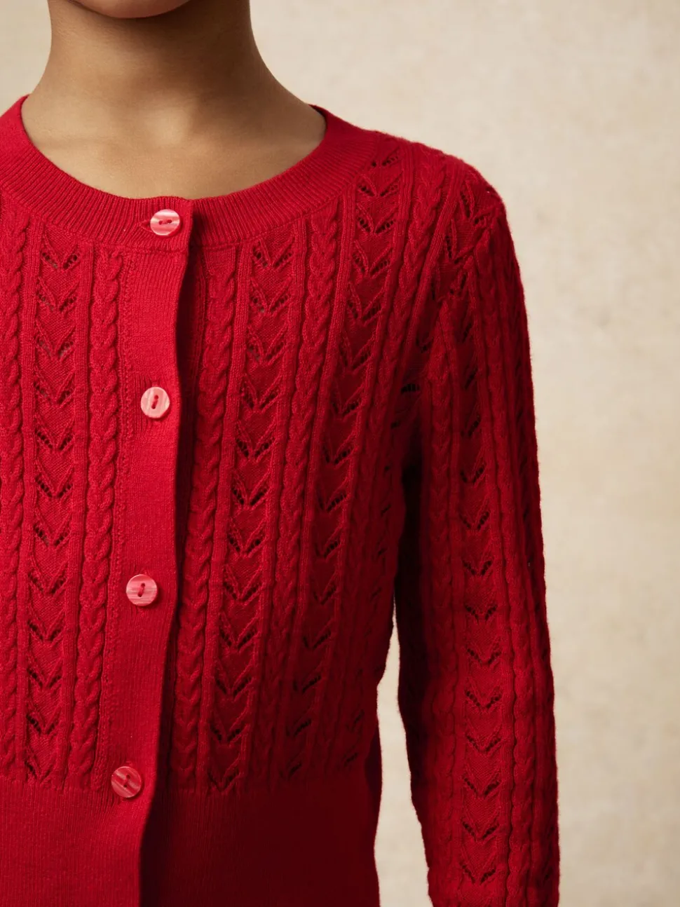 Reiss Red Flo 9-13 yrs Wool-Cotton Pointelle Cardigan