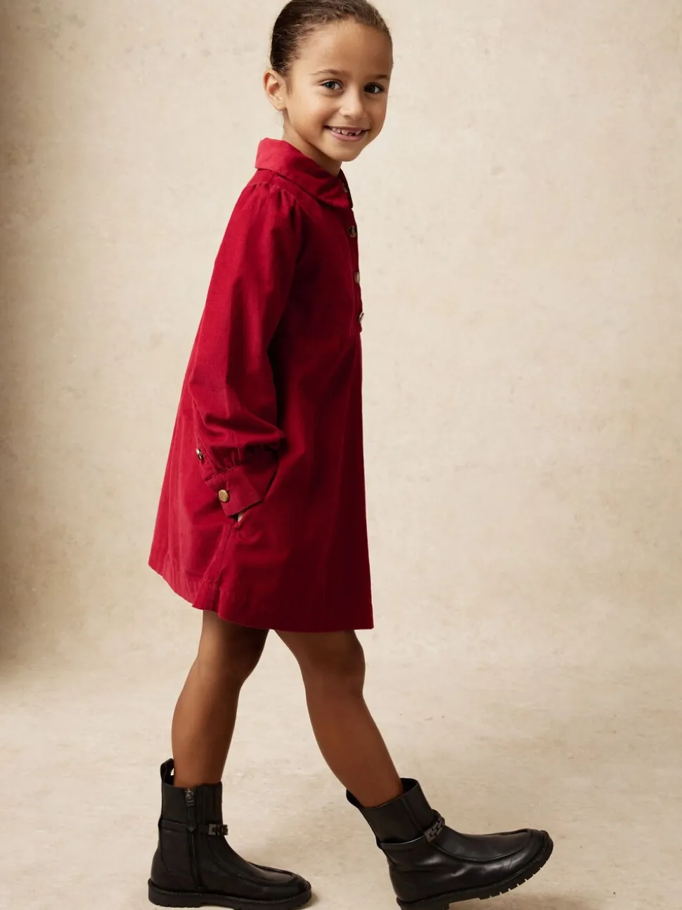 Reiss Red Lyra 3-9 yrs Corduroy Long-Sleeve Collared Dress