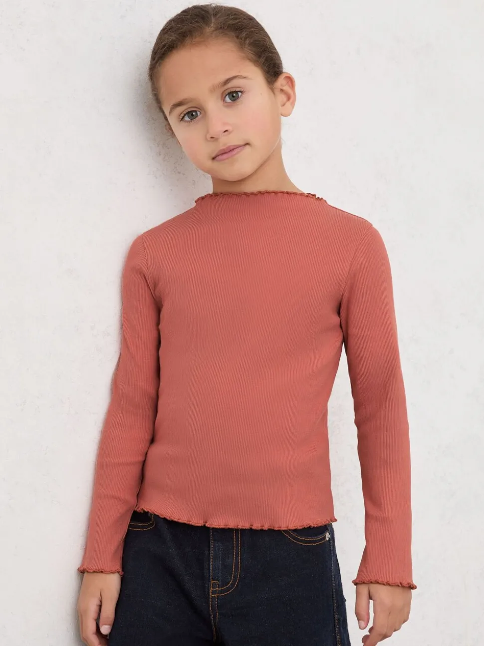Reiss Rose Brittany 9-13 yrs Stretch-Cotton Lettuce-Trim Ribbed Top