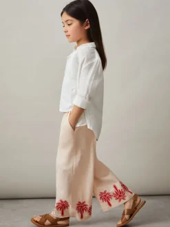 Reiss Stone Cate 9-13 yrs Cotton-Linen Palm Embroidery Trousers