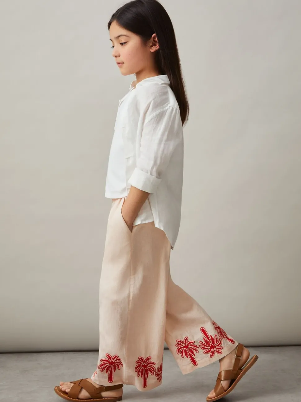 Reiss Stone Cate 9-13 yrs Cotton-Linen Palm Embroidery Trousers