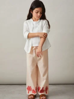 Reiss Stone Cate 9-13 yrs Cotton-Linen Palm Embroidery Trousers