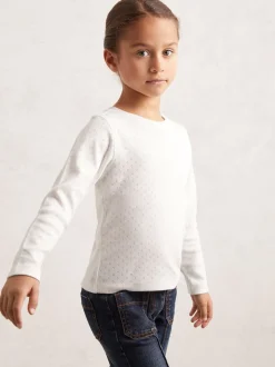 Reiss White Poppy 13-14 yrs Cotton Pointelle Long-Sleeve Top