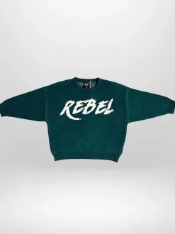 Religion Green Rebel Slogan Jumper In Soft Knitted Intarsia