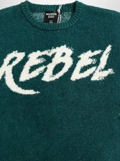 Religion Green Rebel Slogan Jumper In Soft Knitted Intarsia