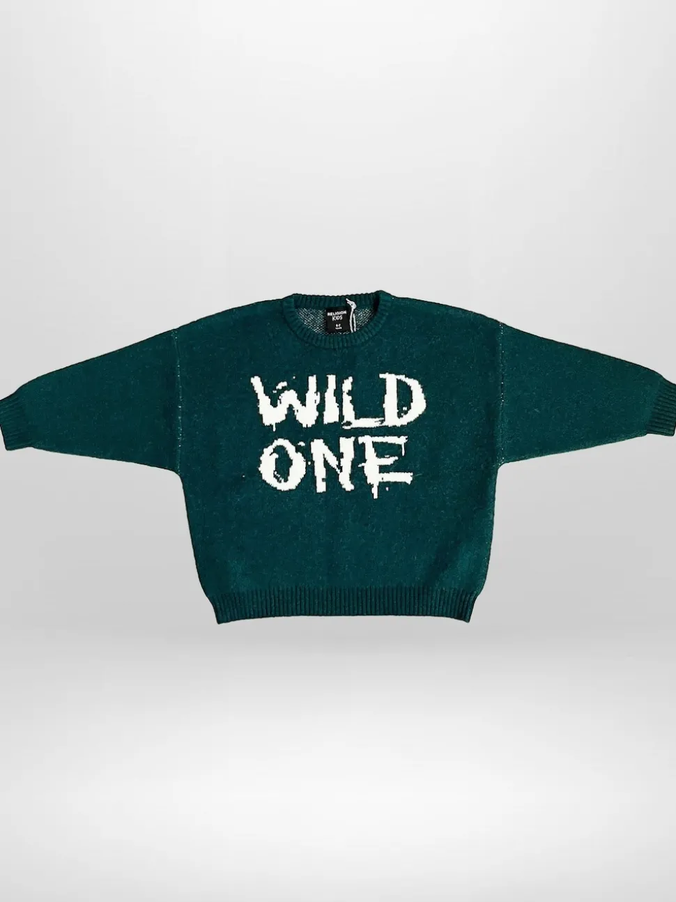 Religion Green Wild One Crew Neck Slogan Jumper With Contrast Writing