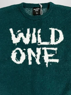 Religion Green Wild One Crew Neck Slogan Jumper With Contrast Writing