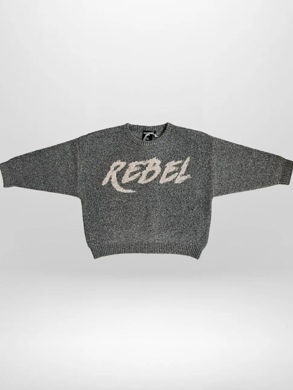 Religion Grey Rebel Slogan Jumper In Soft Knitted Intarsia