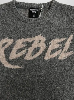 Religion Grey Rebel Slogan Jumper In Soft Knitted Intarsia