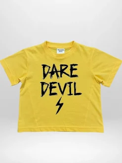 Religion Yellow Dare Devil Slogan T-Shirt With Lightning Bolt