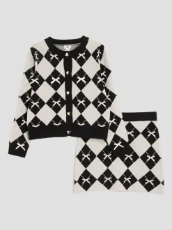 River Island Black Girls Argyle Cardigan and Skirt Set