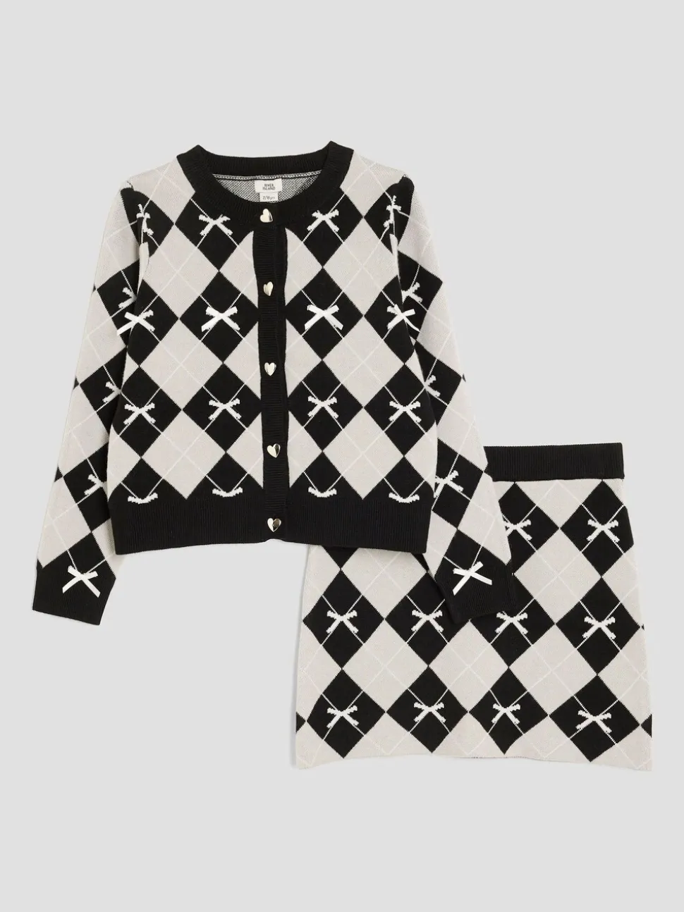 River Island Black Girls Argyle Cardigan and Skirt Set
