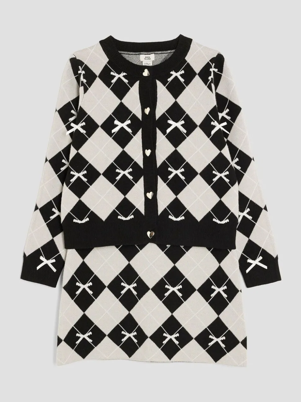 River Island Black Girls Argyle Cardigan and Skirt Set