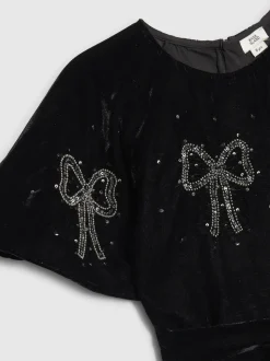 River Island Black Girls Velvet Bow Playsuit