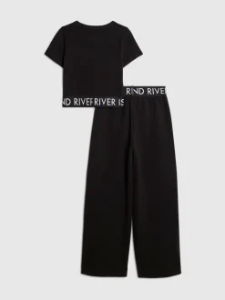 River Island Black Grafitti Waistband Crop Top & Wide Leg Joggers Set