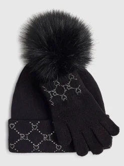 River Island Black Hotfix Beanie & Gloves Set