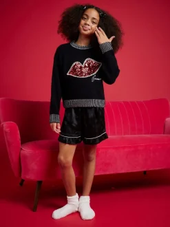 River Island Black OG Sequin Lips Christmas Jumper