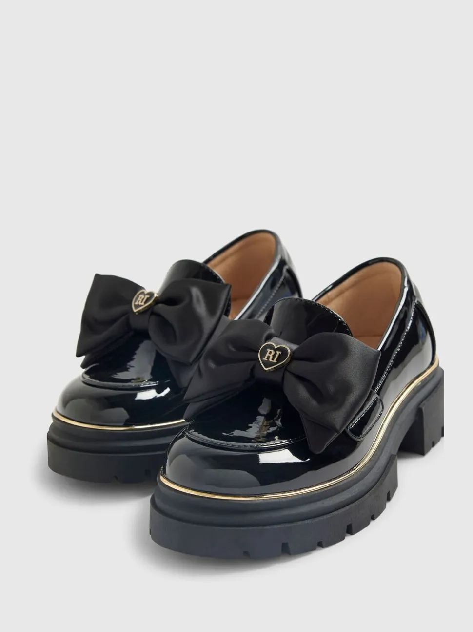 River Island Black Patent Bow Chunky Loafer Shoes