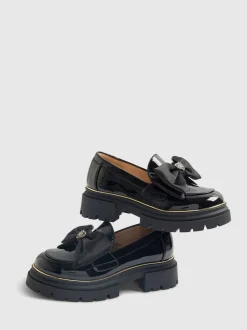 River Island Black Patent Bow Chunky Loafer Shoes