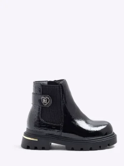 River Island Black Patent Heart Print Strap Chelsea Boots