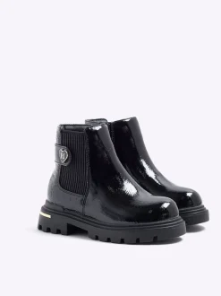 River Island Black Patent Heart Print Strap Chelsea Boots