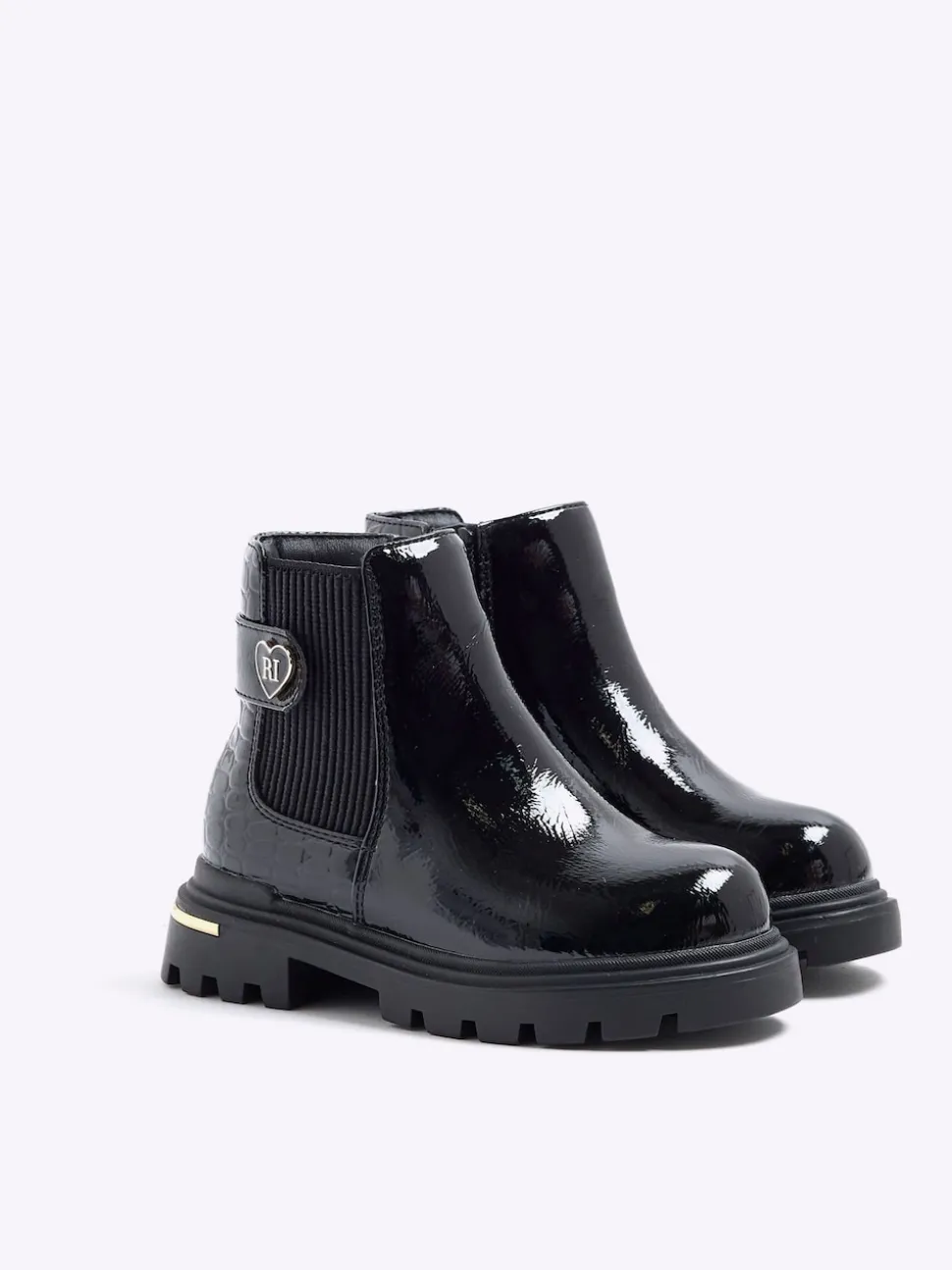 River Island Black Patent Heart Print Strap Chelsea Boots