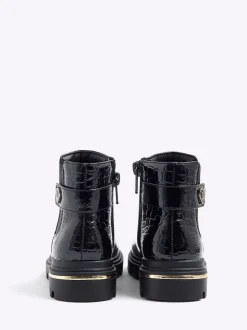 River Island Black Patent Heart Print Strap Chelsea Boots