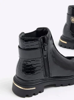 River Island Black Patent Heart Print Strap Chelsea Boots