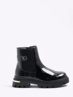 River Island Black Patent Heart Strap Chelsea Boots