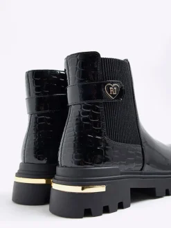 River Island Black Patent Heart Strap Chelsea Boots