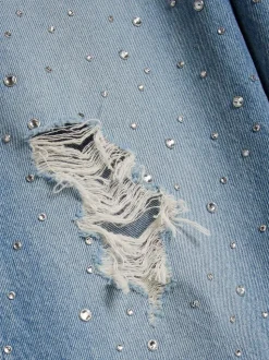 River Island Blue Girls Rip Diamante Ombre Wide Jeans