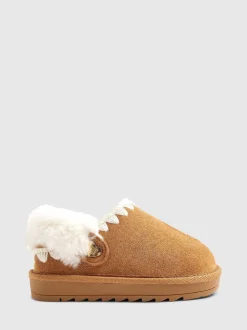 River Island Brown Fur Strap Whipstch Slippers