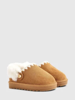 River Island Brown Fur Strap Whipstch Slippers