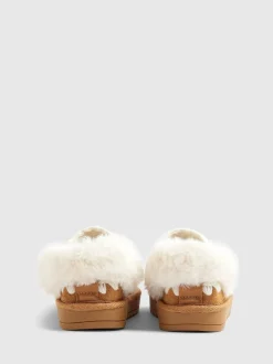 River Island Brown Fur Strap Whipstch Slippers