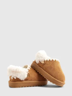River Island Brown Fur Strap Whipstch Slippers