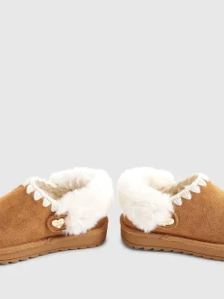 River Island Brown Fur Strap Whipstch Slippers