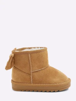 River Island Brown Girls Suedette Bow Fur Lined Boots