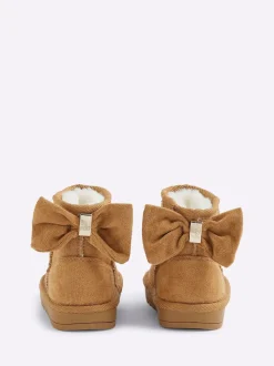 River Island Brown Girls Suedette Bow Fur Lined Boots