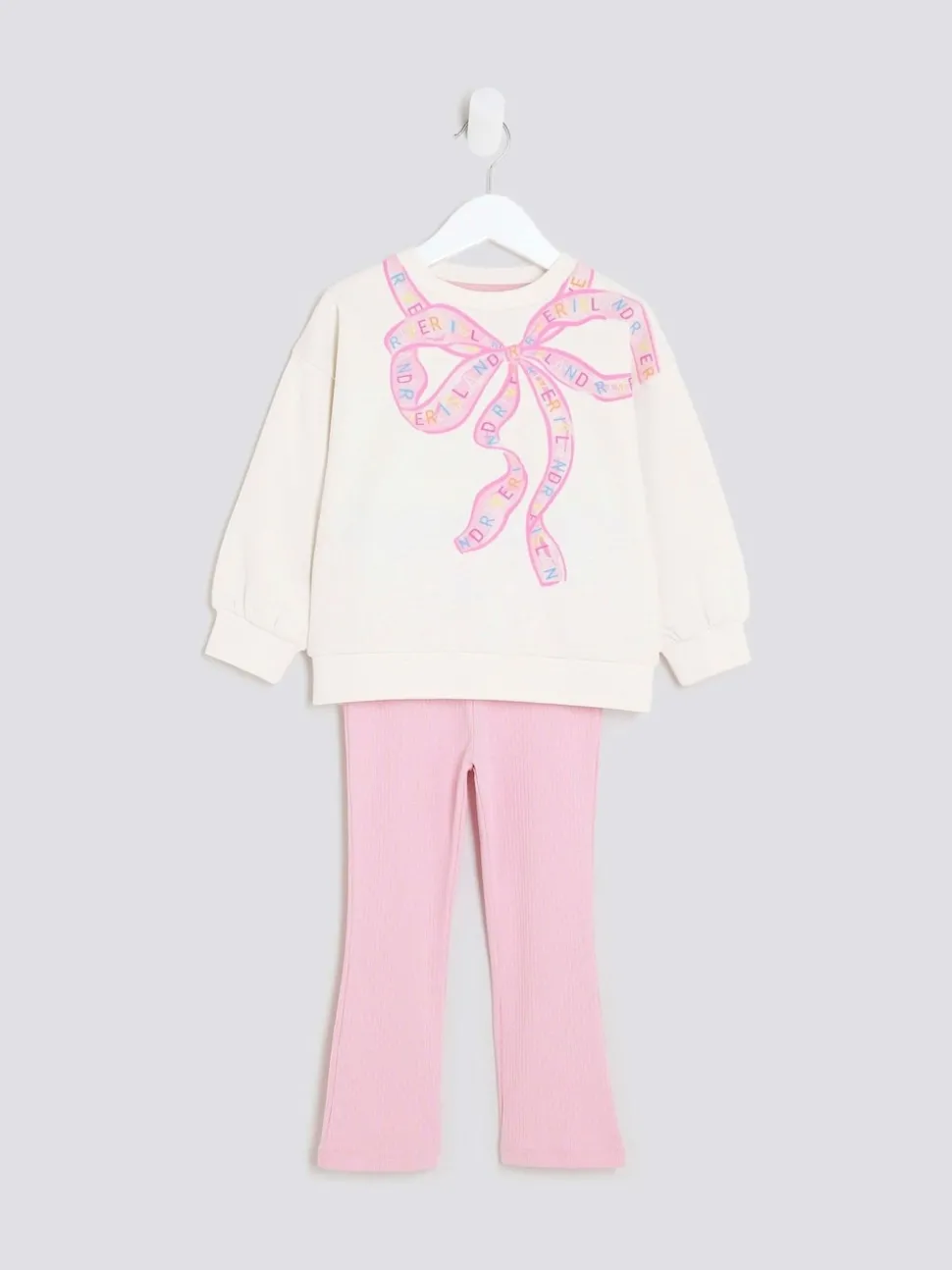 River Island Cream Bow Sweatshirt & Rainbow Waistband Kickflare Leggings Set