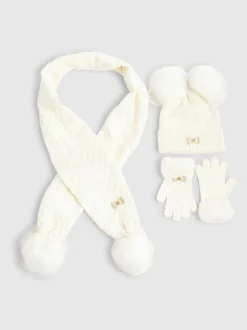 River Island Cream Core Beanie Hat ,Gloves & Scarf Set