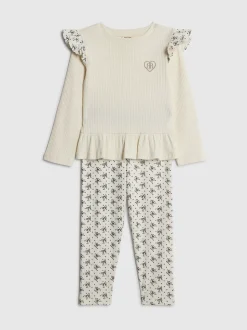 River Island Cream Frill Top & Rib Waist Band Leggings Set