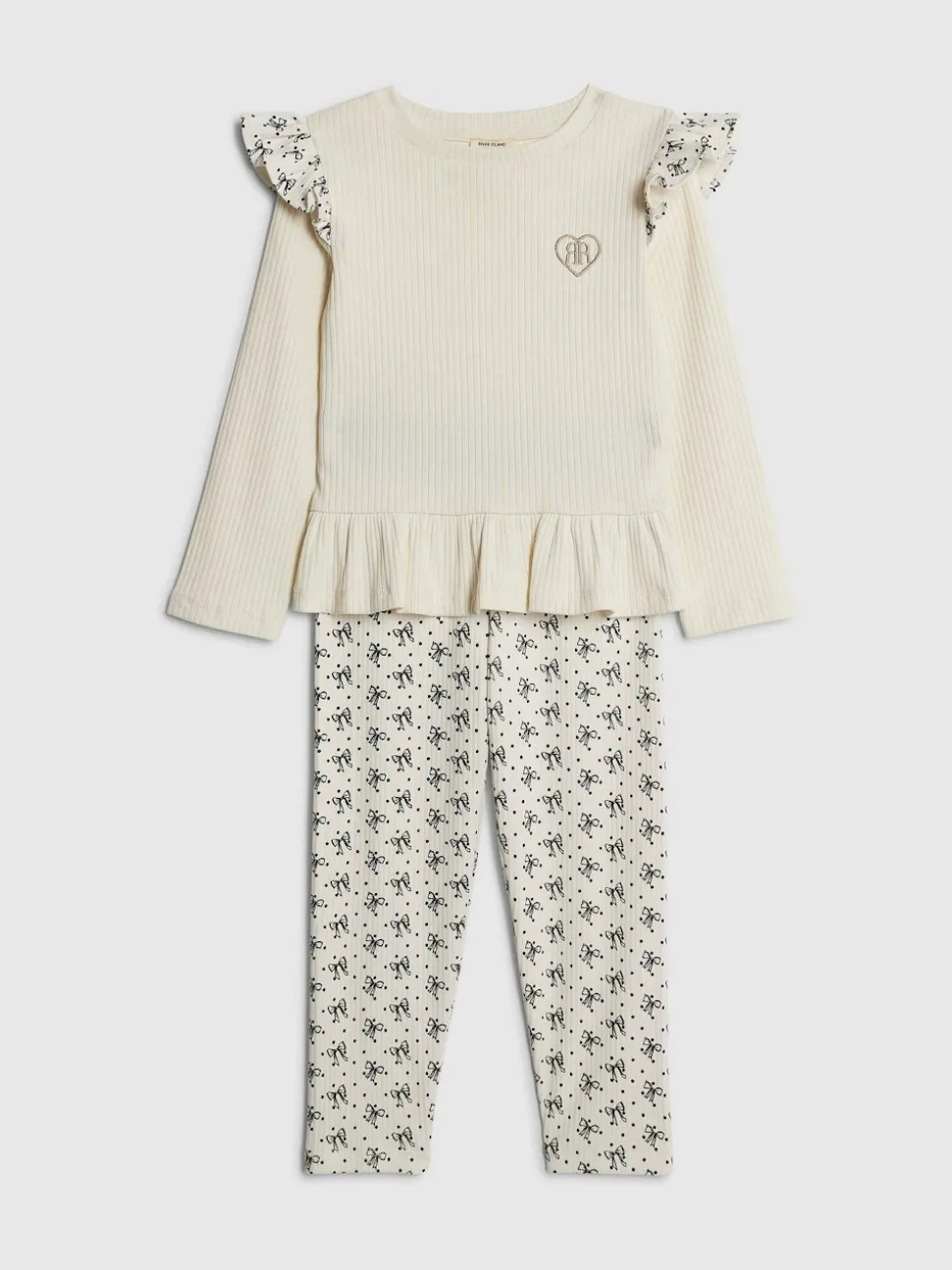 River Island Cream Frill Top & Rib Waist Band Leggings Set