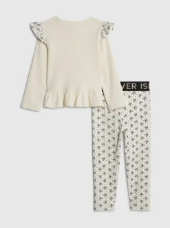 River Island Cream Frill Top & Rib Waist Band Leggings Set