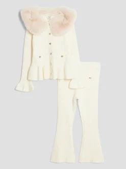 River Island Cream Fur Collar Cardigan & Kickflare Set