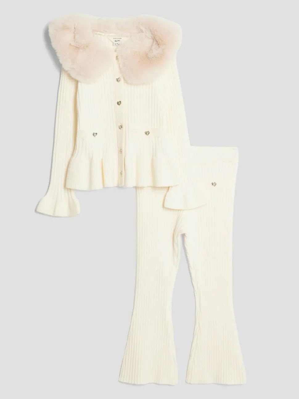 River Island Cream Fur Collar Cardigan & Kickflare Set