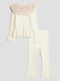 River Island Cream Fur Collar Cardigan & Kickflare Set