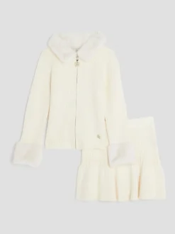 River Island Cream Fur Trim Collar Cardigan & Skirt Set