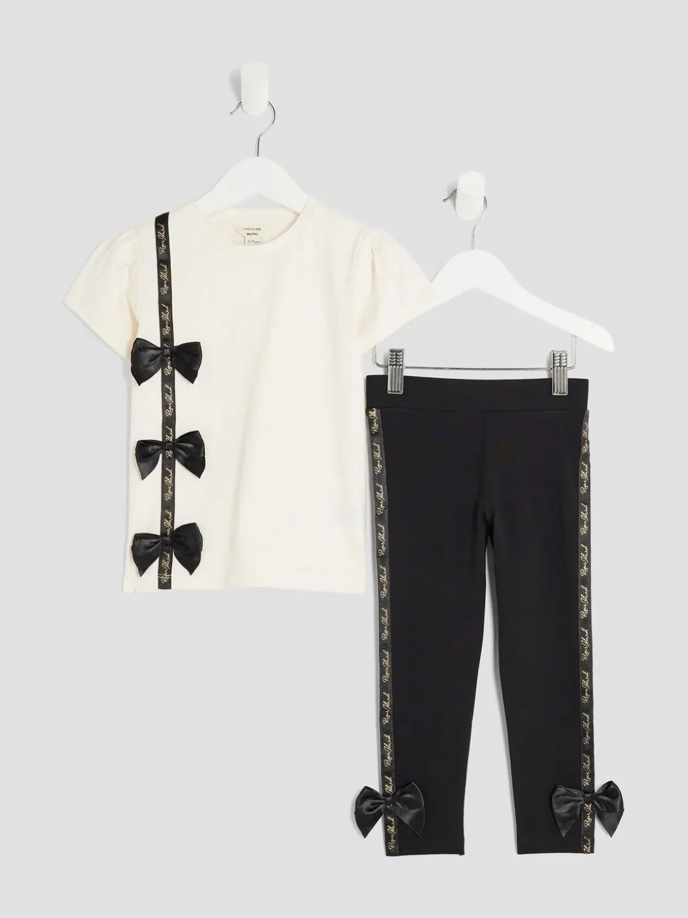 River Island Cream Girls Branded Bow T-Shirt Set